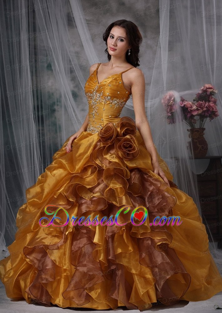 Brown Ball Gown Straps Long Organza Beading Quinceanera Dress